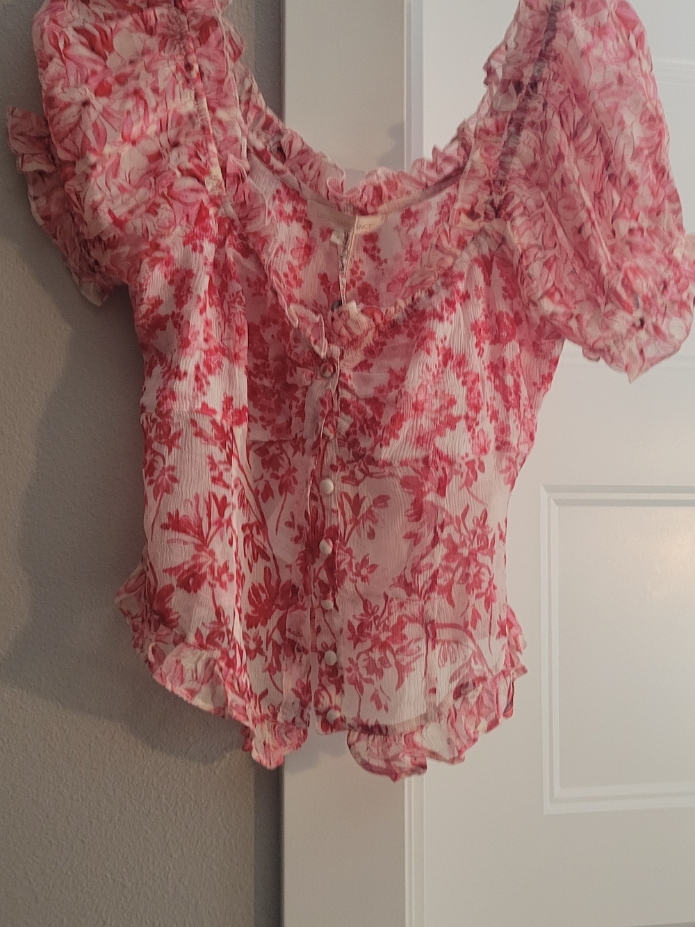 LoveShackFancy Pink Floral Ruffle Button Blouse